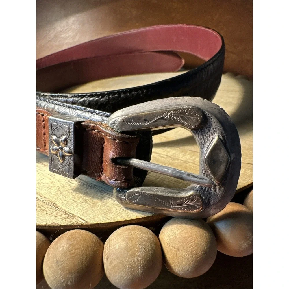 Brighton Belt Womens 36 Two Tone Black Brown And Silver Decor Western